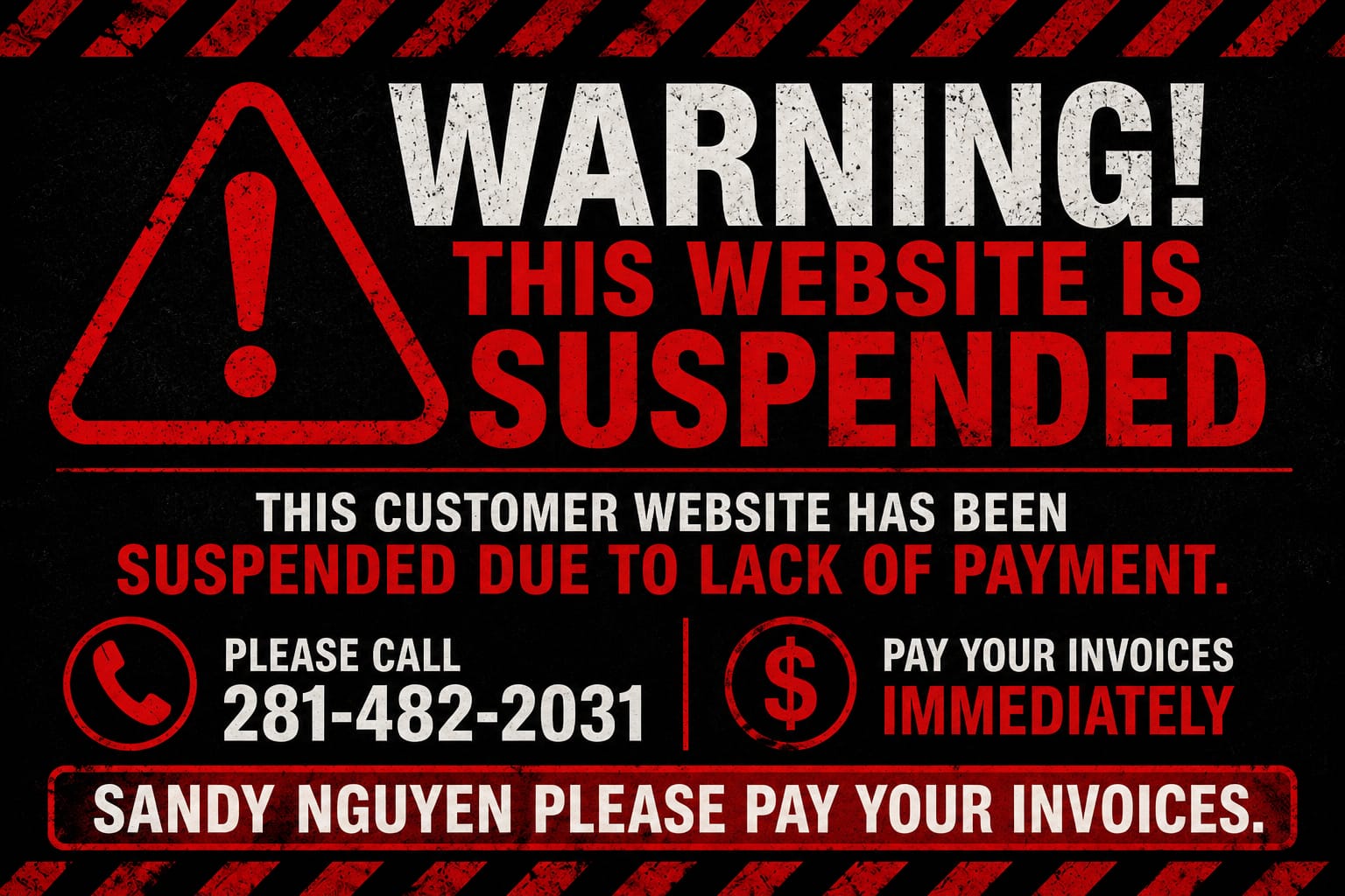 Warning! This website is suspended due to lack of payment. Please call 281-482-2031.